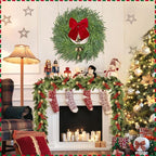 22 inch Norfolk Pine Wreath with Bow and Bell,Christmas Wreaths for Front Door,Artificial Real Touch Wreath for Door Wall Windows Mantle Outdoor Christmas Decoration