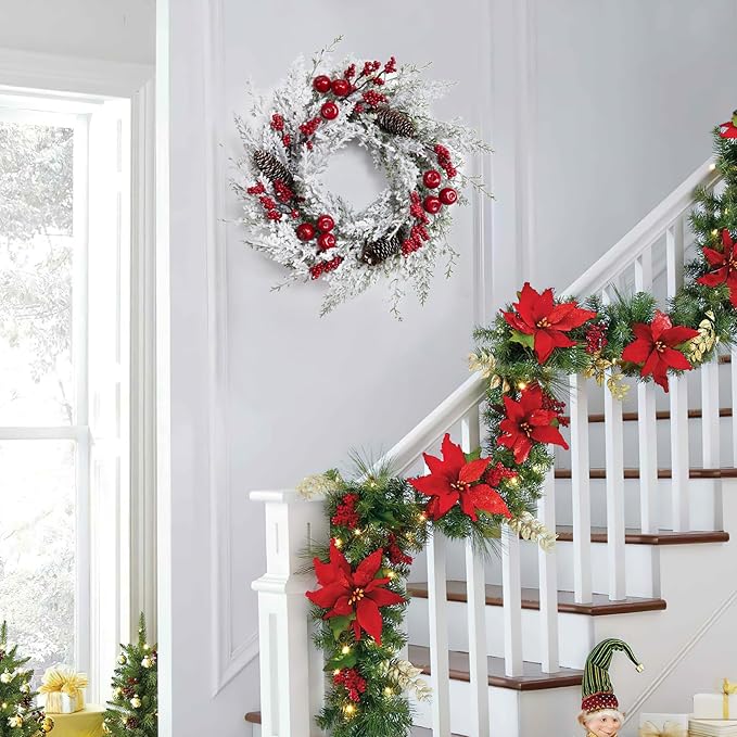 Christmas Wreath, 18 Inch Snow Flocked White Winter Wreath with Pine Cones Berries Apples for Front Door Fireplace Table Centerpiece Holiday Home Indoor Outdoor Decoration