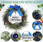 Lighted Christmas Artificial Cedar Wreath for Front Door with Hanger Christmas Wreaths Faux Norfolk with Velvet Bow LED Lights Jingle Bells Pinecone Berries Indoor Window Xmas Holiday Decor(Blue)