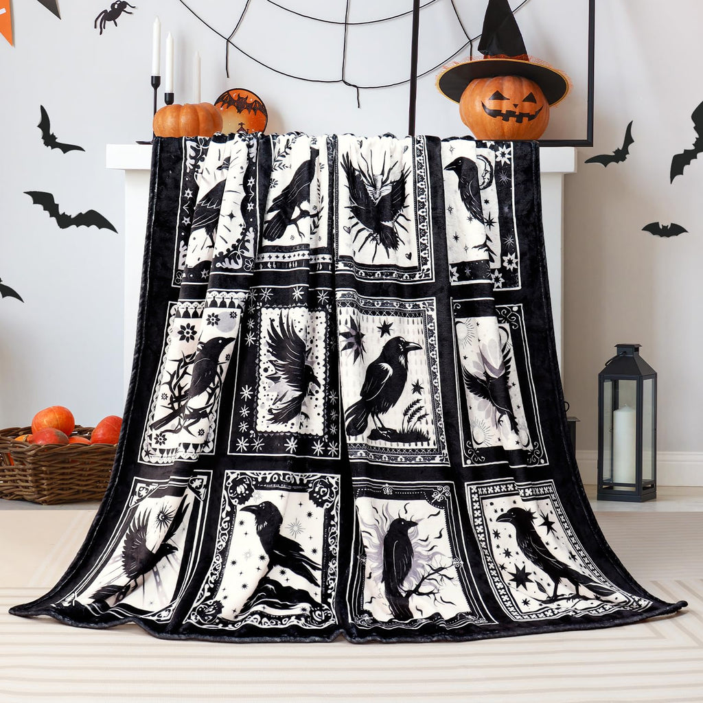 Bird Blanket Halloween Black Gothic Throw Blanket Ultra Soft Retro Hummingbird Blankets Raven Crow Throw Bird Lover Gift Bed Cover Cozy Flannel Fuzzy Plush Couch Cover for Sofa 50" X 60"