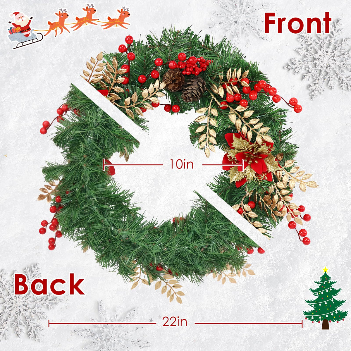 Christmas Wreaths for Front Door Outside Decor, 22" Berries Poinsettia Golden Leaves Pinecone Winter Artificial Wreath Decorations with Hanging Sign for Xmas Home Door Wall Window Fireplace Porch