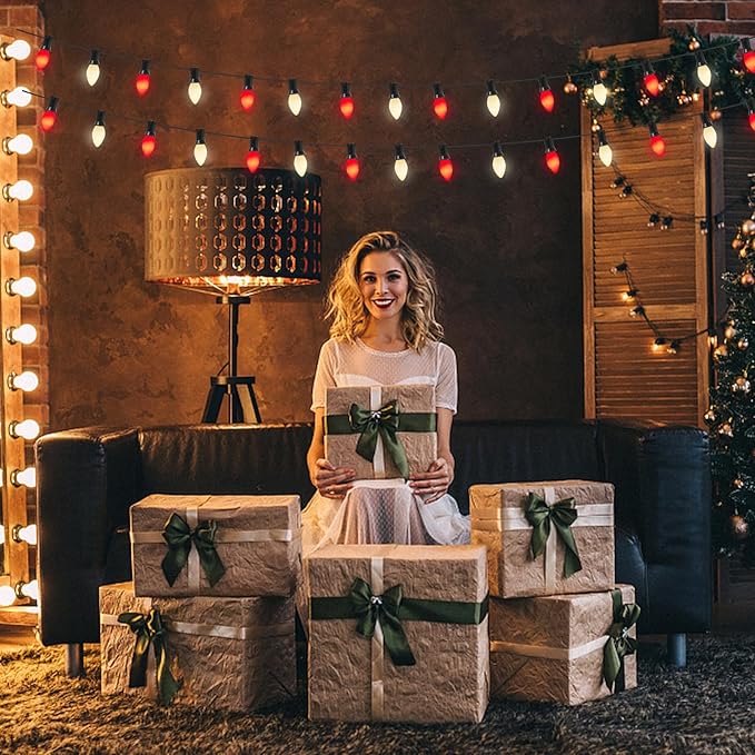 C7 LED Christmas Lights Outdoor, 25Ft Christmas Red White String Lights with 27 Ceramic LED Bulbs(2 Spare), Connectable Vintage Xmas Light for Xmas Tree Roofline Wedding Party Holiday Decor