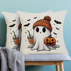 Halloween Pillow Covers 20 x 20 Inch, Burnt Orange Pumpkin Decor Throw Pillows for Home Couch Bed, Black Cream Cute Ghost Bat Fall Outdoor Decorative Pillowcase Linen Cushion Cover Set of 2