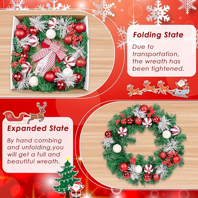 Christmas Wreaths for Front Door Outside Decor, 20" Peppermint Candy Ball Ornaments Pine Branches Winter Artificial Wreath Decorations with Bow Hanging Sign for Xmas Home Door Wall Window Fireplace