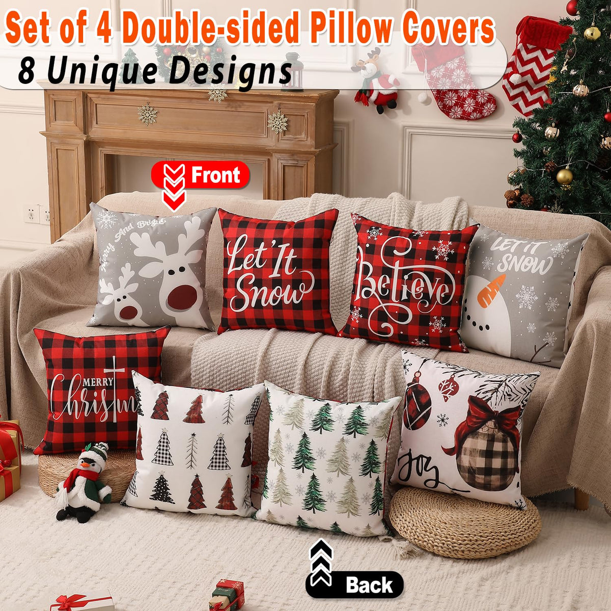 multiwins Double-Sided Print Christmas Pillow Covers 20"x 20" Set of 4, 8 Cute Christmas Patterns, Tree, Reindeer, Snowman, Joy, Let It Snow, Believe Etc, Perfect for Home Decor