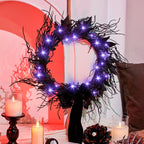 JORNOY 16inch LED Halloween Wreath with Battery Timer - Black Artificial Leaves&Silk Ribbon Decor Hanging for Front Door, Mantel, Porch, Wall, Party Decorations