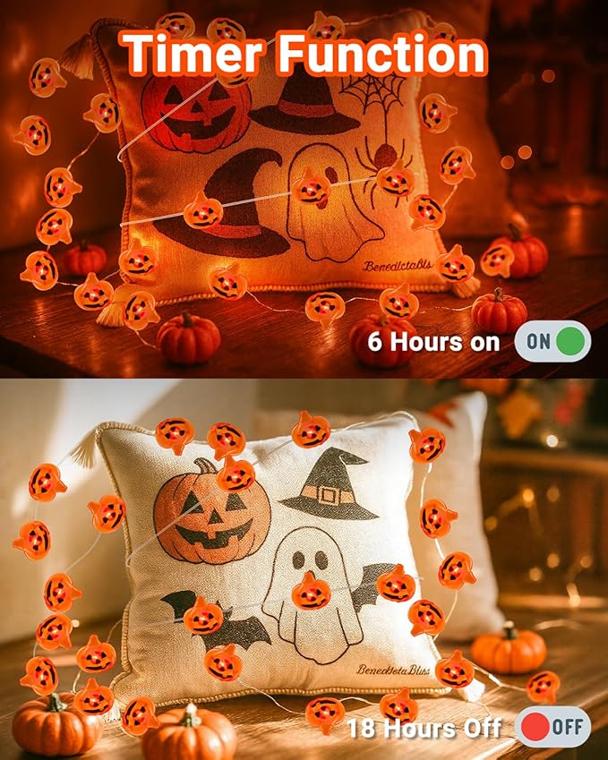 btfarm Halloween Pumpkin String Lights Decorations, 16.4 FT 50 LED Orange Fairy Lights Battery Operated with Remote Timer Waterproof for Indoor Outdoor Home Halloween Party Decorations