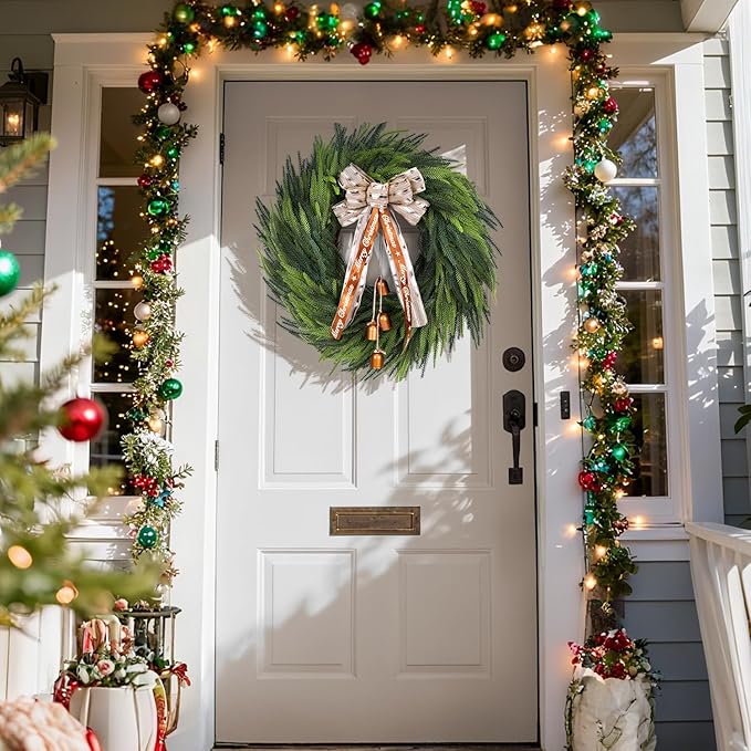 Real Touch Norfolk Pine Wreath for Front Door, 24'' Christmas Wreaths with Bow & Bells, Large Faux Cedar Pine Green Wreath for Wall Window Home Farmhouse Decorations Outdoor Indoor