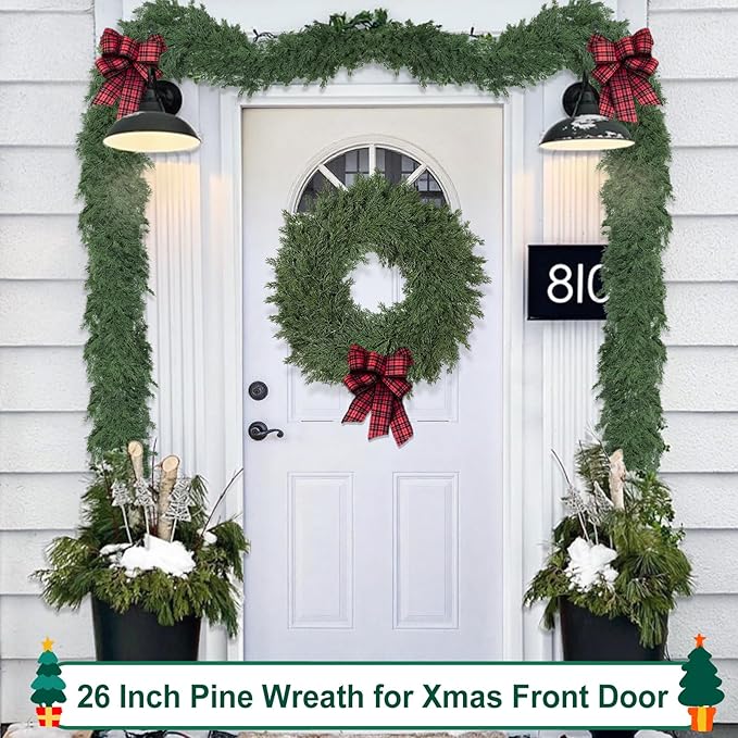 26" Real Touch Christmas Cedar Wreath, Christmas Wreaths for Front Door, Realistic Pine Wreath, Large Green Cypress Wreaths for Home Fireplace Wall Window Porch Outdoor Xmas Holiday Decor