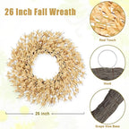 26 Inch Realistic Fall Wreaths for Front Door Outside Autumn Wreath Outdoor Indoors Fall Decorations for Home Thanksgiving Halloween Holiday Decorations Clearance for Wall Porch Door (Wheat)