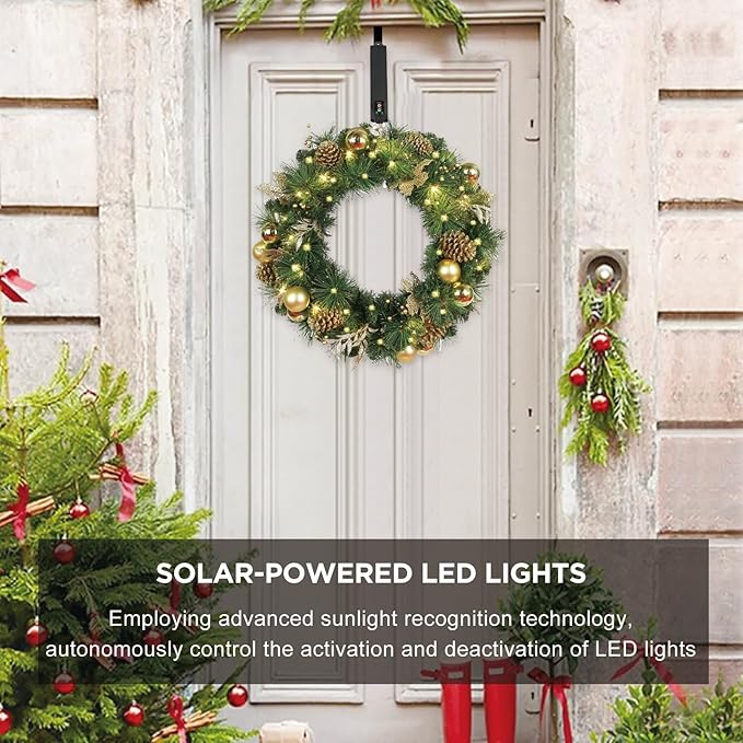 Solar Christmas Wreath 24 Inch Pre-Lit Solar 50 Led Artificial Wreath for Front Door Window Home Decor Decorated with Golden Pine Cones Christmas Balls Glitter Pine Branches (2402)