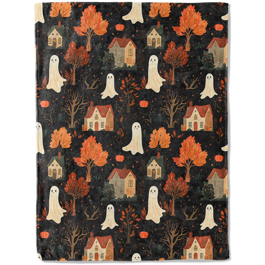 ainori Spooky Ghost Village Flannel Blanket - Cute with Autumn Trees, and Houses Throw - Soft Cozy Gifts Balnkets for Halloween Decor, Fall Lovers,Kids,Women,Festive Home Accents 50x60in