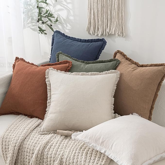 MIULEE Christmas Decorative Throw Pillow Covers Neutral Linen Fringe Throw Pillows Set of 2 Indigo Blue Boho Farmhouse Cushion Covers Coastal Decor for Couch Sofa Bed Living Room Decor 18x18 Inch