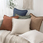 MIULEE Christmas Decorative Throw Pillow Covers Neutral Linen Fringe Throw Pillows Set of 2 Indigo Blue Boho Farmhouse Cushion Covers Coastal Decor for Couch Sofa Bed Living Room Decor 18x18 Inch