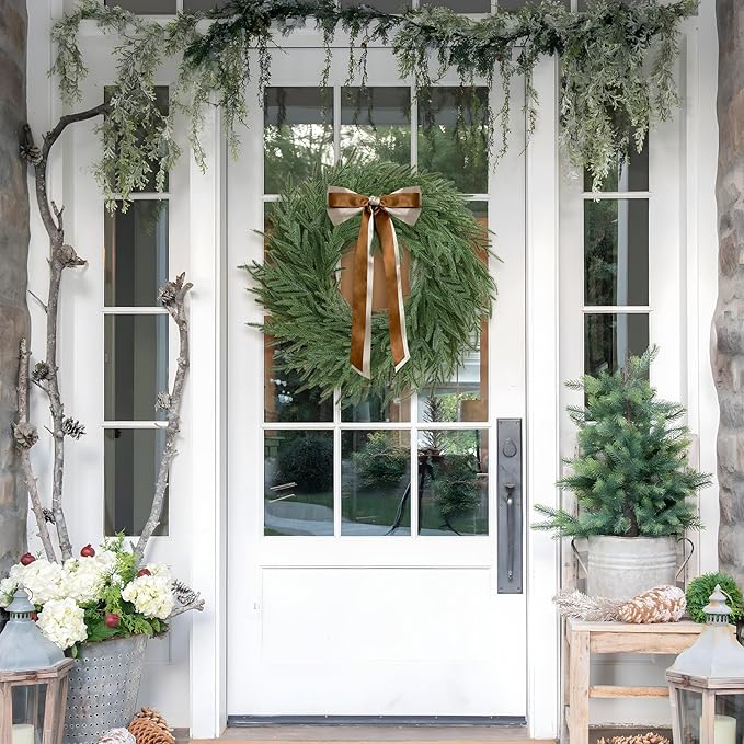 Christmas Decorations -24 Inch Christmas Wreath, Norfolk Pine Wreath, Christmas Wreaths for Front Door, Christmas Door Wreath with Bow Ribbon for Home Table Wall Window Indoor Outdoor