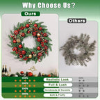 Christmas Wreath with Lights, 20 Inch Christmas Wreaths for Front Door, Large Winter Door Wreath with Ball Ornaments, Berries and Norfolk Pines, Xmas Decor for Indoor Outdoor Wall Windows