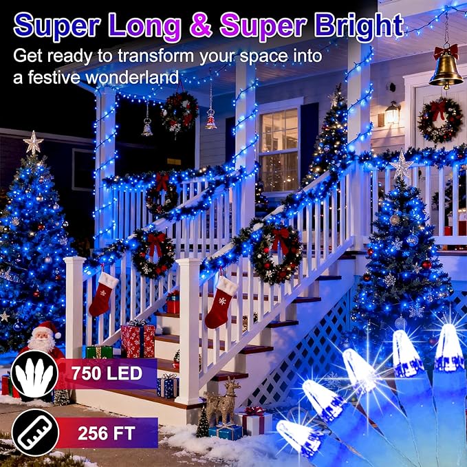 750 LED 256FT Christmas String Lights Outdoor, Christmas Light with 8 Lighting Modes& Timer & Memory, Plug in Outdoor Waterproof Clear Wire Twinkle Light for for Xmas Yard Tree Party Decor Blue