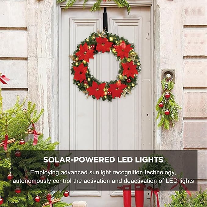 Solar Christmas Wreath 30 Inches Pre-Lit Solar 70 Led Artificial Wreath For Front Door Window Outdoor Christmas Decor with Poinsettias Golden Glitter Pine Branches Christmas balls(3003)
