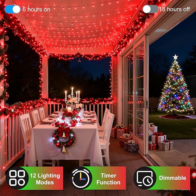 750LED Christmas Lights Outdoor Use, 240ft 12 Modes Red LED String Lights with Timer Dimmable, Waterproof Christmas Tree Lights for Xmas Patio Yard Fence Balcony Garden Party Decor Red