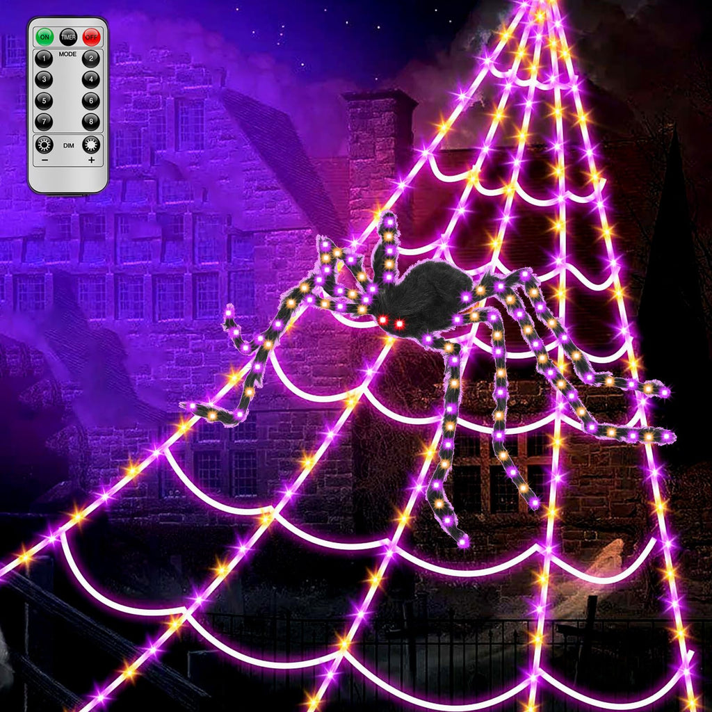 LCHUANG Spider Webs Halloween Decorations Lights - 250 LEDs Outdoor Halloween String Lights with 60" Light Up Spider,8 Modes Remote Control 16.4Ft Spiderweb,Waterproof (Orange+Purple)