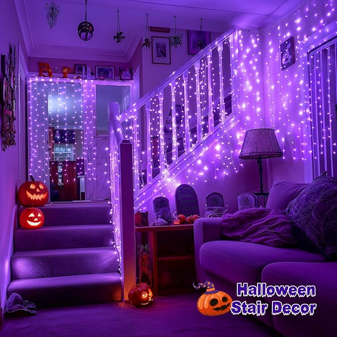 JMEXSUSS 200 LED Halloween Curtain Lights Battery Operated & USB Plug in, 6.6 x 6.6 ft Hanging String Lights Indoor with Remote, Purple Halloween Lights for Bedroom Backdrop Party Outdoor Decorations