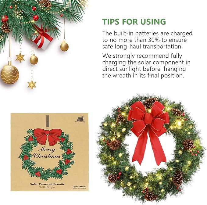 Solar Christmas Wreath 24 Inches Pre-Lit Solar 50 Led Artificial Wreath Outdoor Front Door Window Christmas Decor with Frosted Branches Pine Cones Berry Clusters Red Velvet Bows (2401)