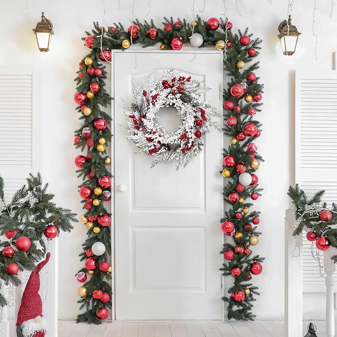 Christmas Wreath, 18 Inch Snow Flocked White Winter Wreath with Pine Cones Berries Apples for Front Door Fireplace Table Centerpiece Holiday Home Indoor Outdoor Decoration