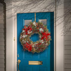 National Tree Company Pre-Lit Artificial Christmas Wreath, Green, Tartan Plaid, White Lights, Decorated with Frosted Branches, Pine Cones, Berry Clusters, Flowers, Christmas Collection, 30 Inches