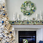 WANNA-CUL Pre-Lit 30 Inch Large Christmas Wreath for Front Door with 50 Led Lights, Silver Blue Lighted Christmas Door Wreath Decor with Ball Ornaments,Pine Cones, Battery Operated
