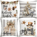 Artmag Christmas Pillow Covers 16x16 inch Set of 4 Snowman Gloves Welcome Winter Grey White Strip Christmas Throw Pillow Covers Winter Farmhouse Decoration for Home