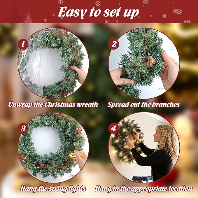 FR Artificial Pre-Lit Fir Christmas Wreath Holiday Accent Decoration, Wintry Pine, Decorated with Pine Cones, with LED Lights Battery Operated for Door, Mantel - 20 Inch