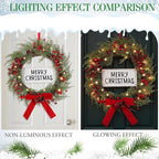 Lighted Christmas Wreath for Front Door with Metal Hanger 16'' Artificial Norfolk Wreath with Velvet Bow LED Lights Jingle Bells Pinecone Berries Christmas Holiday Winter Decor(Red)