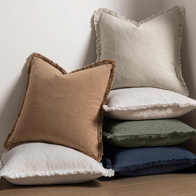 MIULEE Christmas Decorative Throw Pillow Covers Neutral Linen Fringe Throw Pillows Set of 2 Natural Beige Boho Farmhouse Cushion Covers with Tassels for Couch Sofa Bed Living Room Decor 18x18 Inch