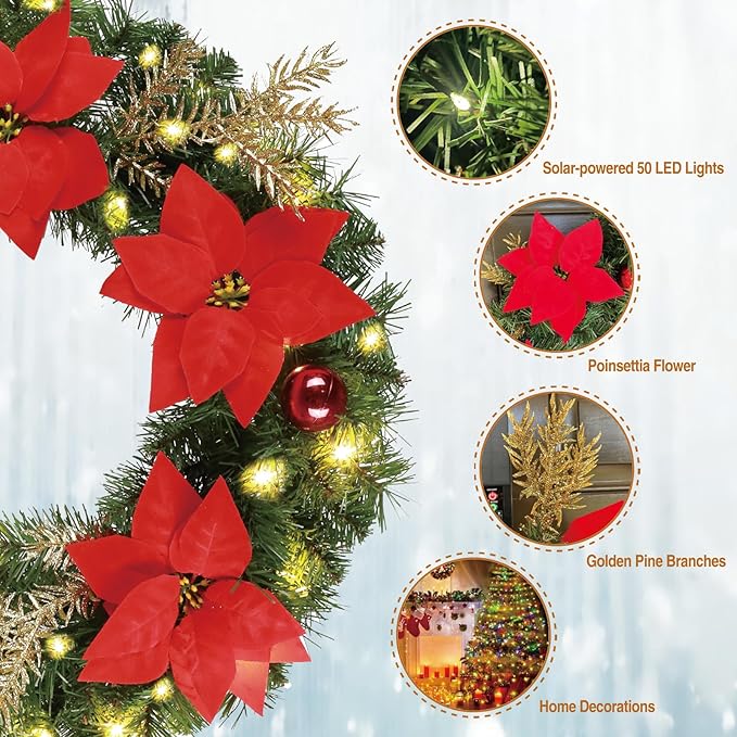 Solar Christmas Wreath 24 Inches Pre-Lit Solar 50 Led Artificial Lighted Wreath for Front Door Window Home Decor Outdoor Christmas Decor Poinsettias Golden Pine Branches Balls(2403)