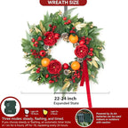 Pre-lit Christmas Wreaths for Front Door- 24 Inch Outdoor Christmas Wreath with Lights,Green Lighted Xmas Door Wreath with Pinecones,Red Flowers and Orange Berries for Holiday Decor