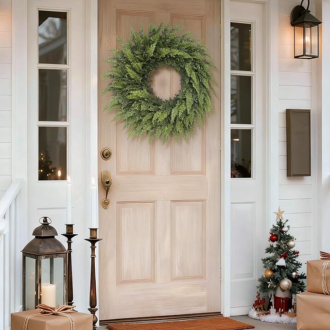 24" Real Touch Christmas Cedar Wreath - Artificial Cedar Wreaths Faux Green Fake Pine Needles Wreath for Front Door, Wall, Windows, Home,Outdoor,Xmas Decor