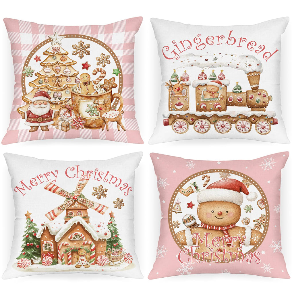 Lanpn Christmas Throw Pillow Covers 18x18 Set of 4, Gingerbread Man House Pillow Covers Christmas Pillowcase Decorative Cushion Cover for Home Bedroom Couch Sofa Decor (Pink)