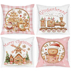 Lanpn Christmas Throw Pillow Covers 18x18 Set of 4, Gingerbread Man House Pillow Covers Christmas Pillowcase Decorative Cushion Cover for Home Bedroom Couch Sofa Decor (Pink)