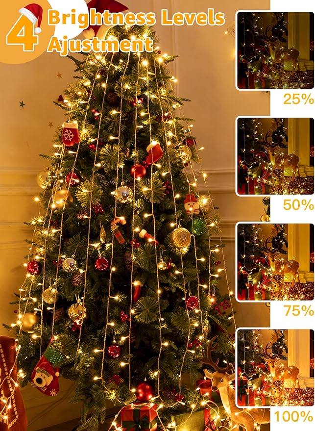 Christmas String Lights 600LED 98FT, Waterproof String Lights with Remote and Timer, 8 Modes Dimmable Christmas Lights for Indoor Outdoor Wedding Party Holiday Decorations (Warm White)