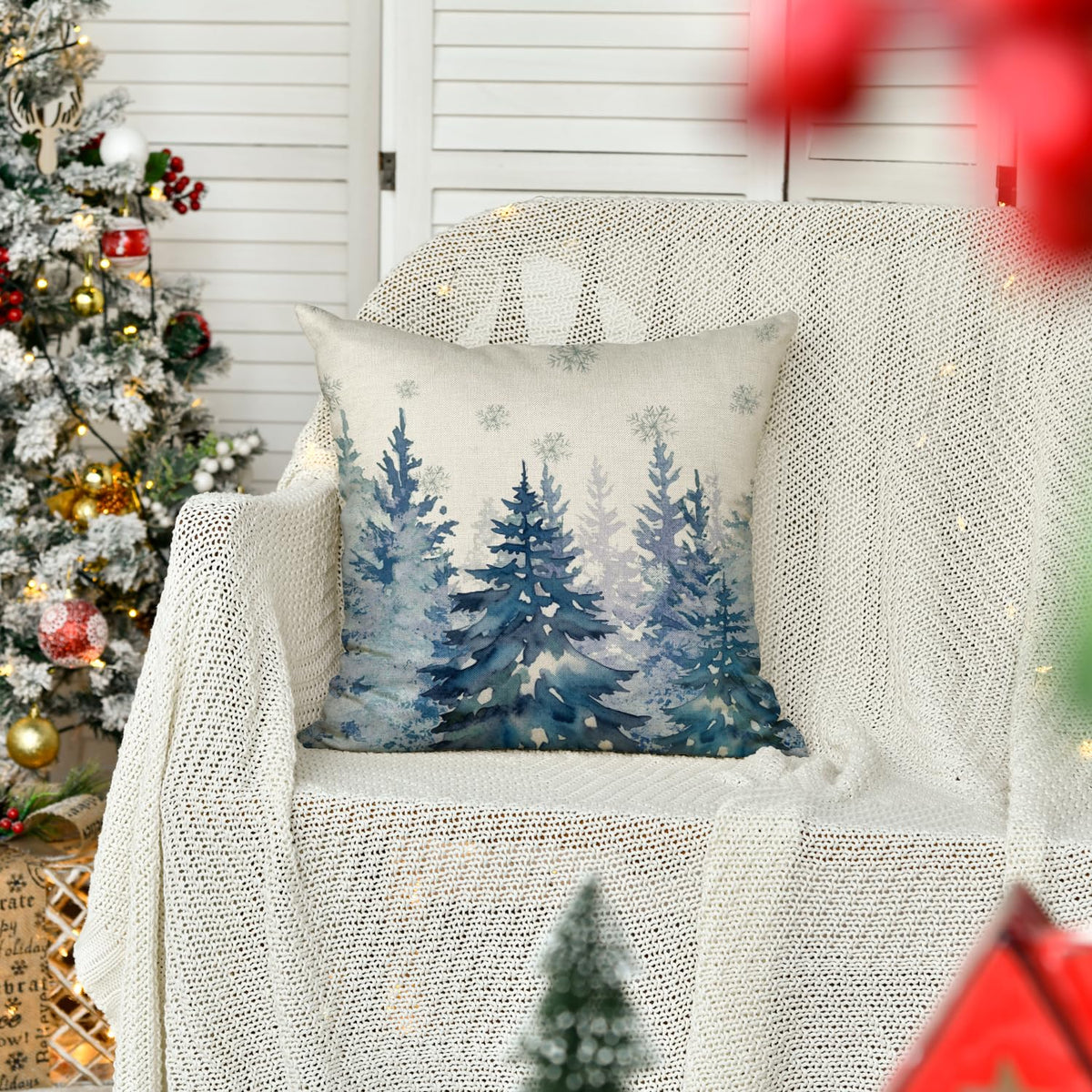 AVOIN colorlife Blue Christmas Tree Snowflake Throw Pillow Cover, 18 x 18 Inch Seasonal Winter Holiday Blue Cushion Case Decoration for Sofa Couch