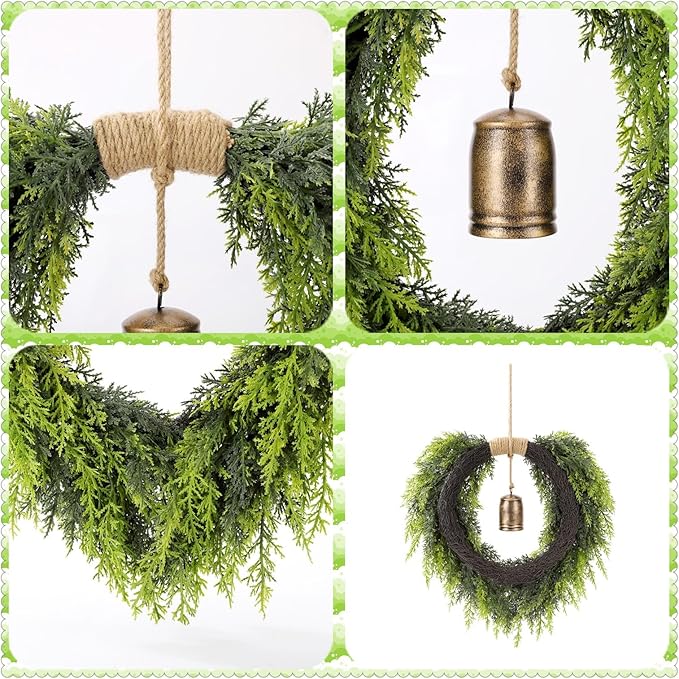 Real Touch Artificial Cedar Wreath 20" with Bell Fake Christmas Wreaths for Front Door Faux Pine Greenery Heart Wreaths for Home,Window,Table,Mantle,Wall,Indoor,Outdoor Xmas Decorations