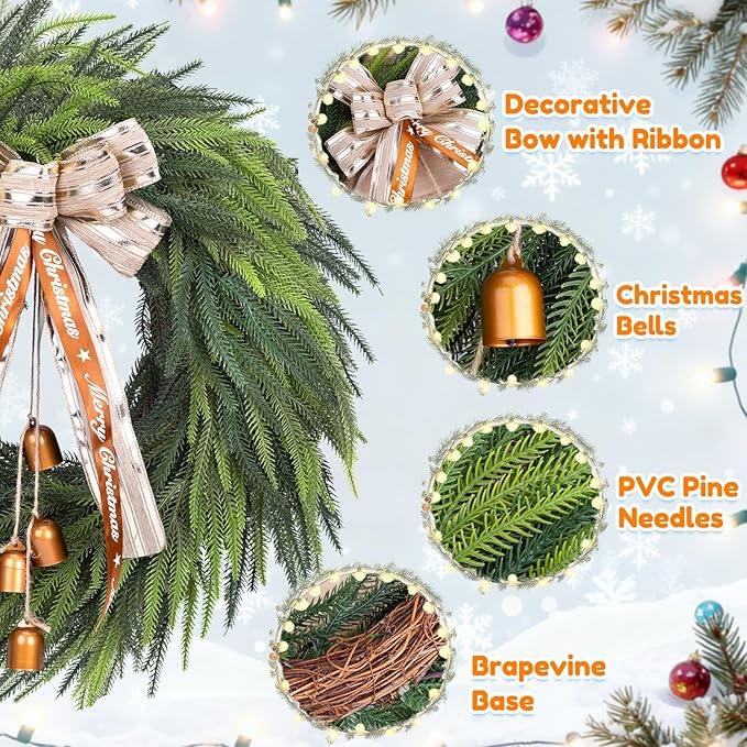 Real Touch Norfolk Pine Wreath for Front Door, 24'' Christmas Wreaths with Bow & Bells, Large Faux Cedar Pine Green Wreath for Wall Window Home Farmhouse Decorations Outdoor Indoor