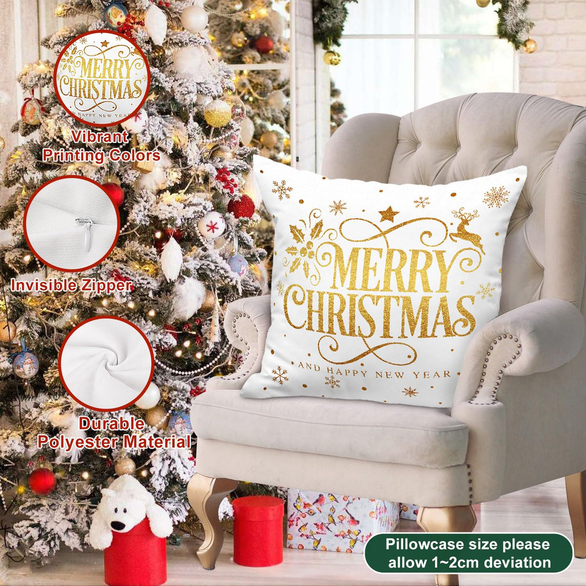 Lanpn White and Gold 18x18 Christmas Pillow Covers Set of 4, Decorative 18 Inch Navy Winter Snowflake Throw Pillow Case Xmas Cushion Cover for Indoor House Sofa Gold