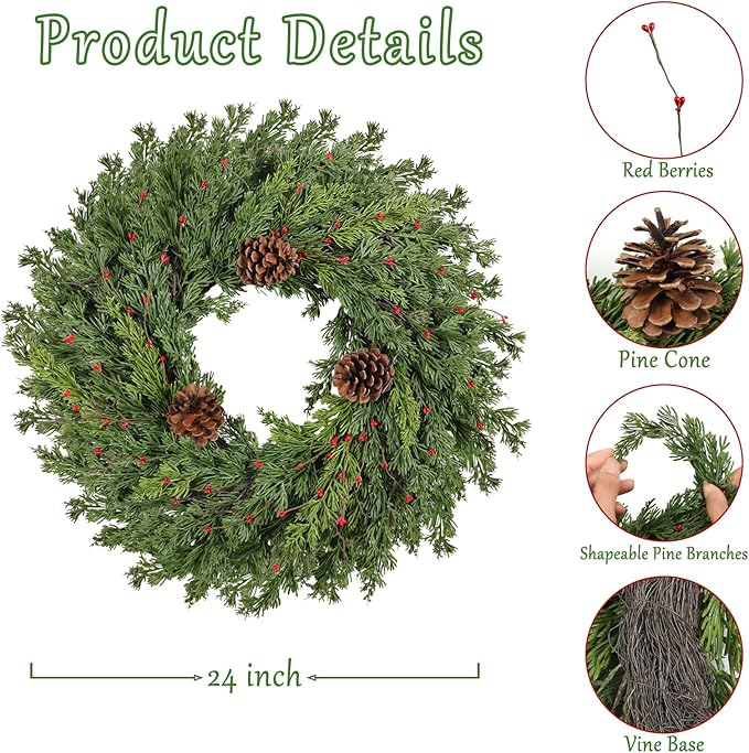 2PC Real Touch Pine Christmas Wreath 24 Inch Christmas Wreaths for Front Door Winter Wreath Artificial Green Wreaths Outdoor Christmas Decorations Indoor Outside Window Home Holiday Thanksgiving