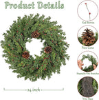 2PC Real Touch Pine Christmas Wreath 24 Inch Christmas Wreaths for Front Door Winter Wreath Artificial Green Wreaths Outdoor Christmas Decorations Indoor Outside Window Home Holiday Thanksgiving