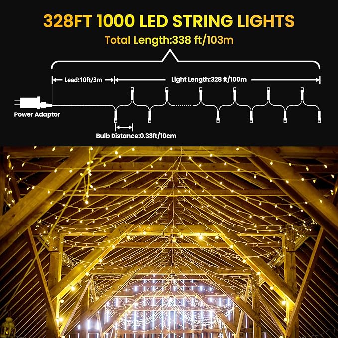 Color Changing Christmas Lights, 338ft 1000 LED Warm White & Multicolor Christmas String Lights with Remote, 11 Modes Fairy Twinkle Lights for Party Garden Holiday Weddings Xmas Tree Decorations