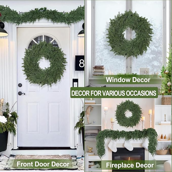 26" Real Touch Christmas Cedar Wreath, Christmas Wreaths for Front Door, Realistic Pine Wreath, Large Green Cypress Wreaths for Home Fireplace Wall Window Porch Outdoor Xmas Holiday Decor