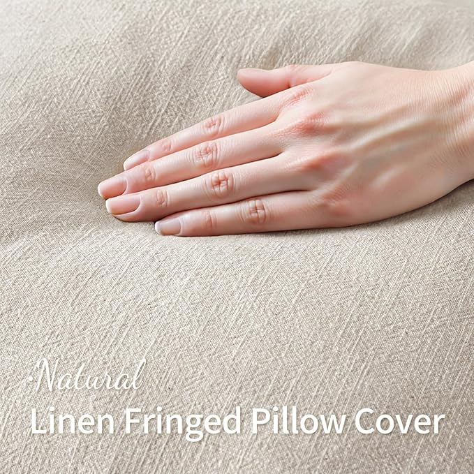MIULEE Christmas Decorative Throw Pillow Covers Neutral Linen Fringe Throw Pillows Euro Shams Set of 2 Natural Beige Boho Farmhouse Cushion Covers for Couch Sofa Bed Living Room Home Decor 26x26 Inch