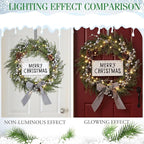 Lighted Christmas Artificial Cedar Wreath for Front Door with Hanger Christmas Wreaths Faux Norfolk with Velvet Bow LED Lights Jingle Bells Pinecone Berries Indoor Window Xmas Holiday Decor(Silver)