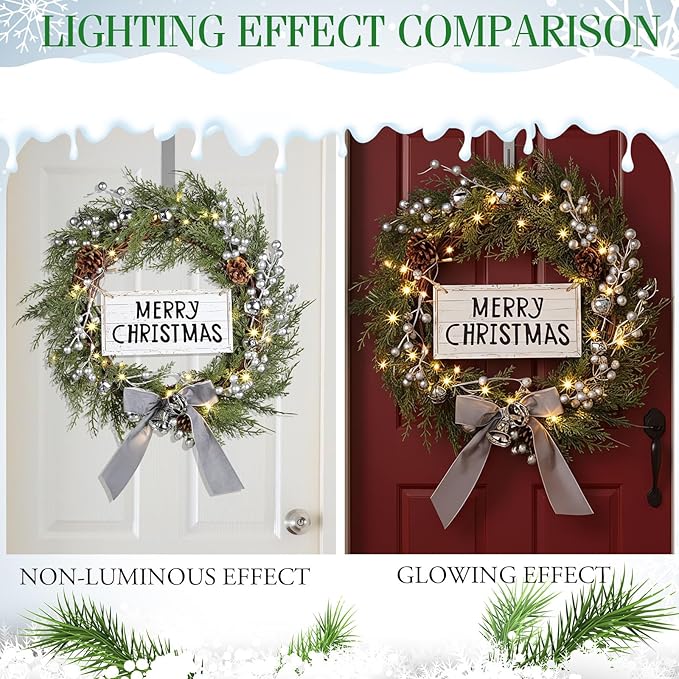 Lighted Christmas Artificial Cedar Wreath for Front Door with Hanger Christmas Wreaths Faux Norfolk with Velvet Bow LED Lights Jingle Bells Pinecone Berries Indoor Window Xmas Holiday Decor(Silver)